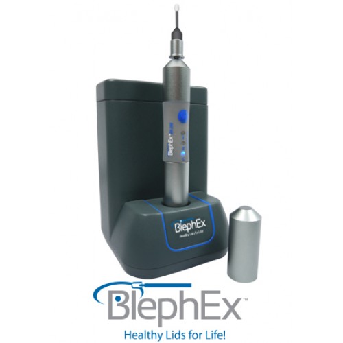 An image of the BlephEx device standing upright. Below the device is the BlephEx logo with the words Healthy Lids for Life!