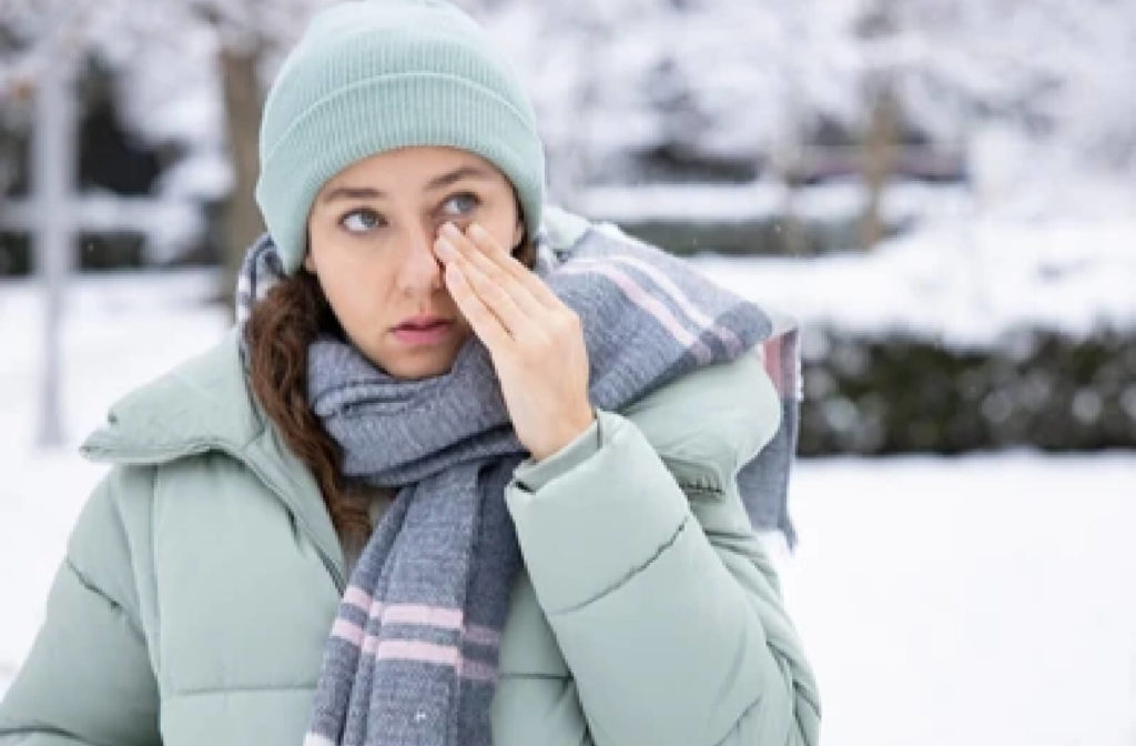 A woman in a light blue-green winter jacket and toque with her left hand touching her irritated left eye.