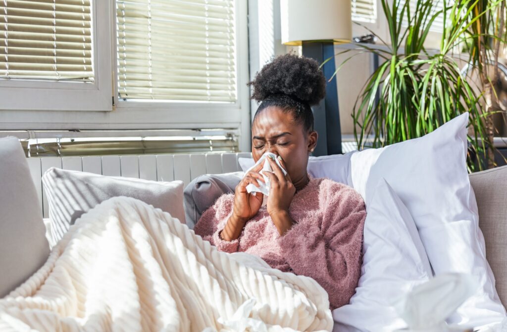 A person sick in bed with a sinus infection blows their nose into a tissue.