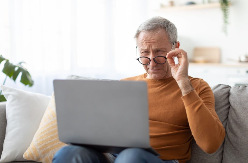 A person sits on a couch, squinting and adjusting their glasses while looking at a laptop screen.