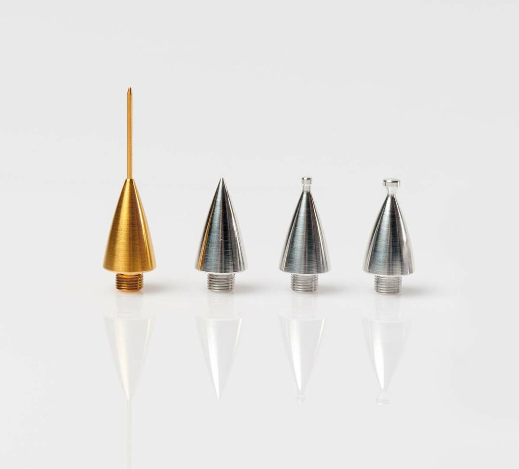 Jett Plasma Pen interchangeable applicator tips showing gold ablative tip and silver non-ablative tips for different eye treatment procedures.