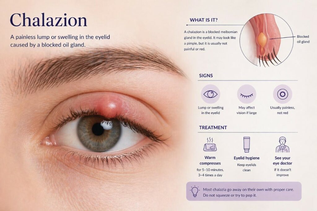 Close-up image of a chalazion on the upper eyelid showing a firm, painless lump caused by a blocked oil gland, with guidance on warm compress treatment for 5–10 minutes.