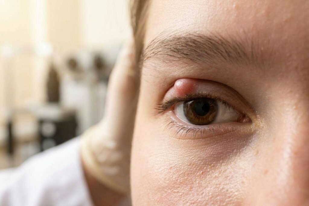 Close-up of a person's brown eye showing a red, swollen bump on the upper eyelid near the inner corner.