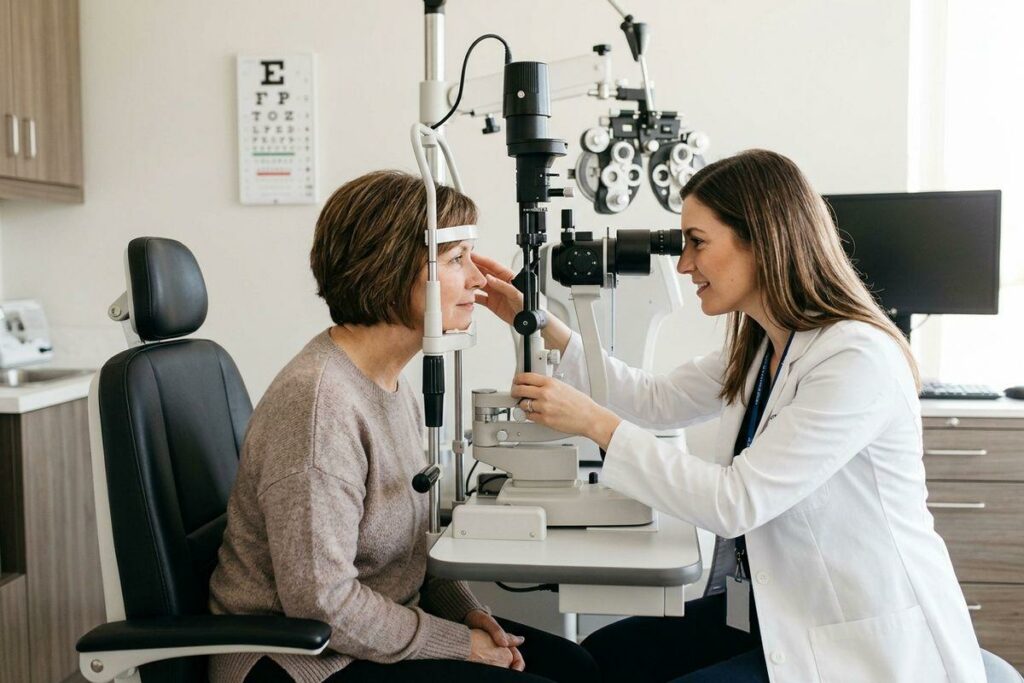 Optometrist examines a patient's eyes using a slit lamp in an exam room with an eye chart on the wall.