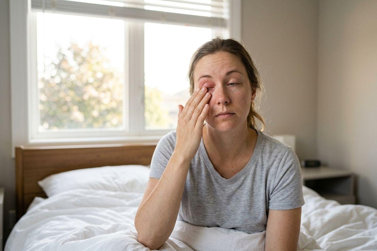 Person sitting on a bed rubbing one eye, which appears red and swollen, by a bright window.